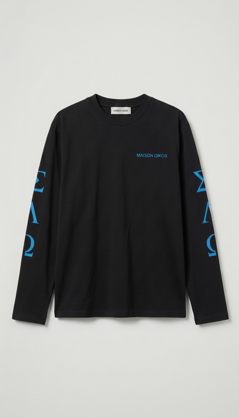 T-shirt noir à manches longues posé à plat, logo Maison Oikos bleu ciel sur la poitrine et lettres grecques (Σ Λ Ω) le long des manches.