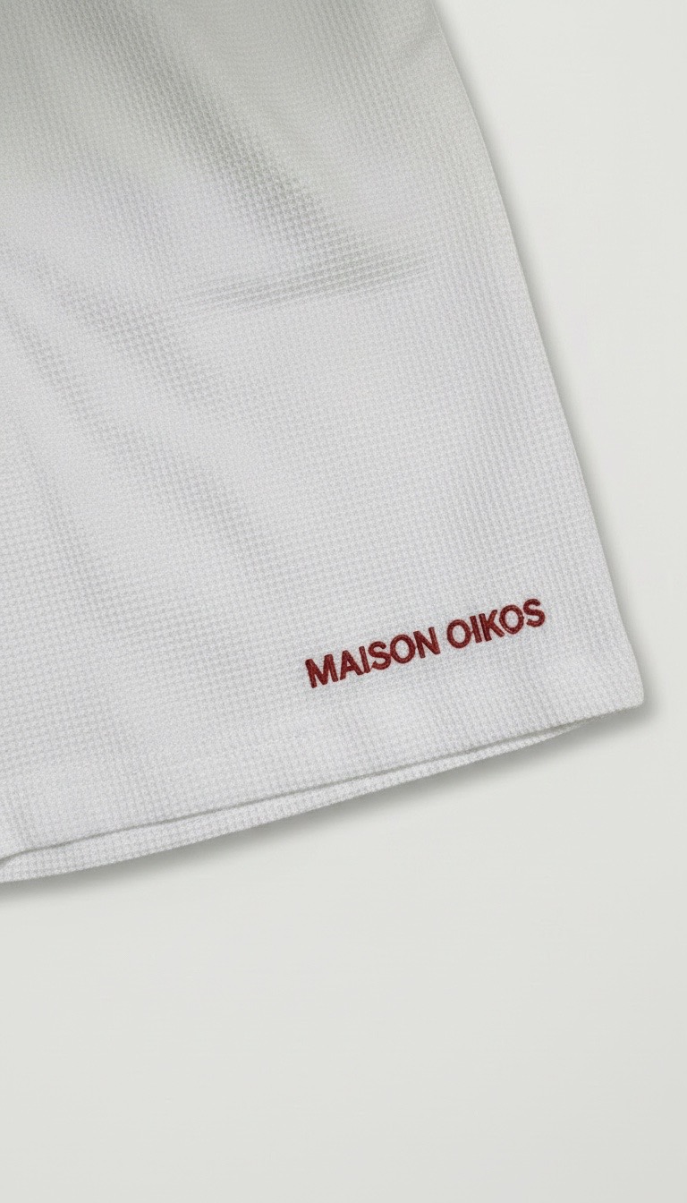 Gros plan de la jambe du short blanc : texture gaufrée et broderie « MAISON OIKOS » en rouge bordeaux.